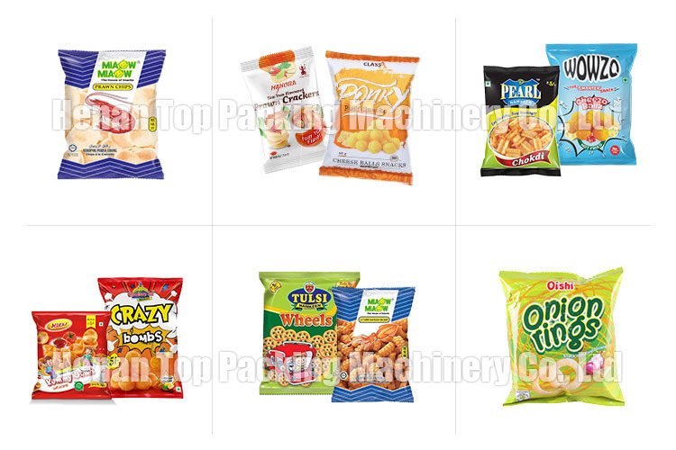 Expositor de bolsas de envasado de snacks pequeños.