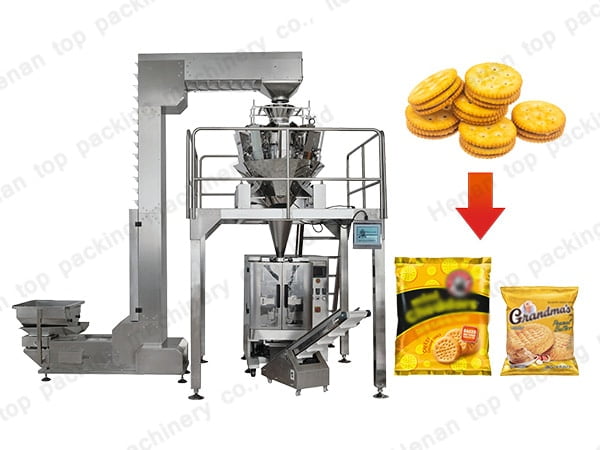 Equipo de envasado y pesaje multicabezal para galletas.