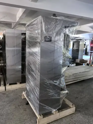 Liquid packer with film and wooden crate