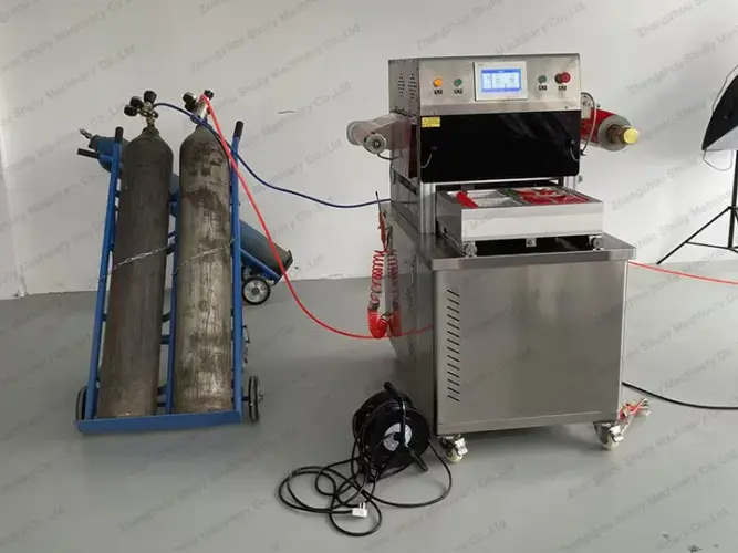 Vacuum tray sealing machine with gas cylinder